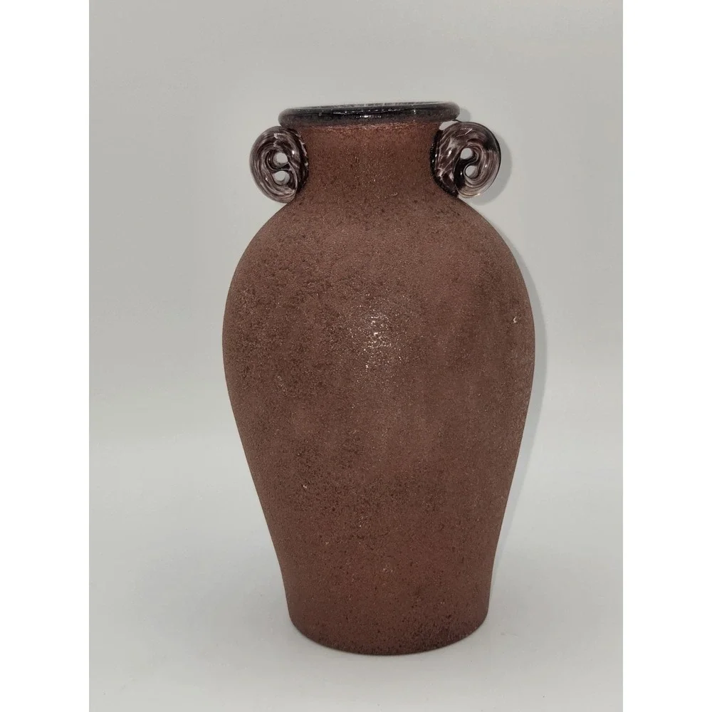 Vintage Art Glass Amphora Vase Brown Satin Finish Applied Scroll Handles